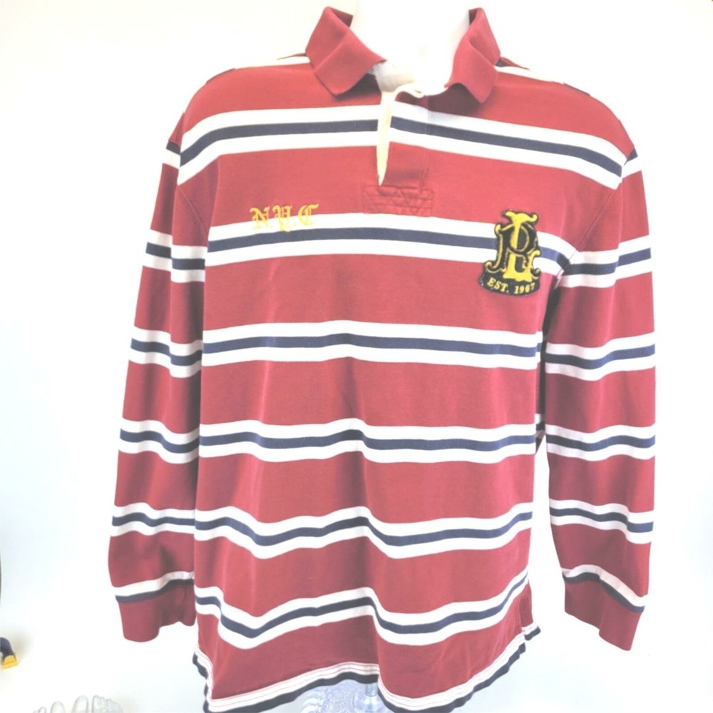 Polo Ralph Lauren Red White Blue Striped Mens Rugby Shirt NYC #7 Large Vintage